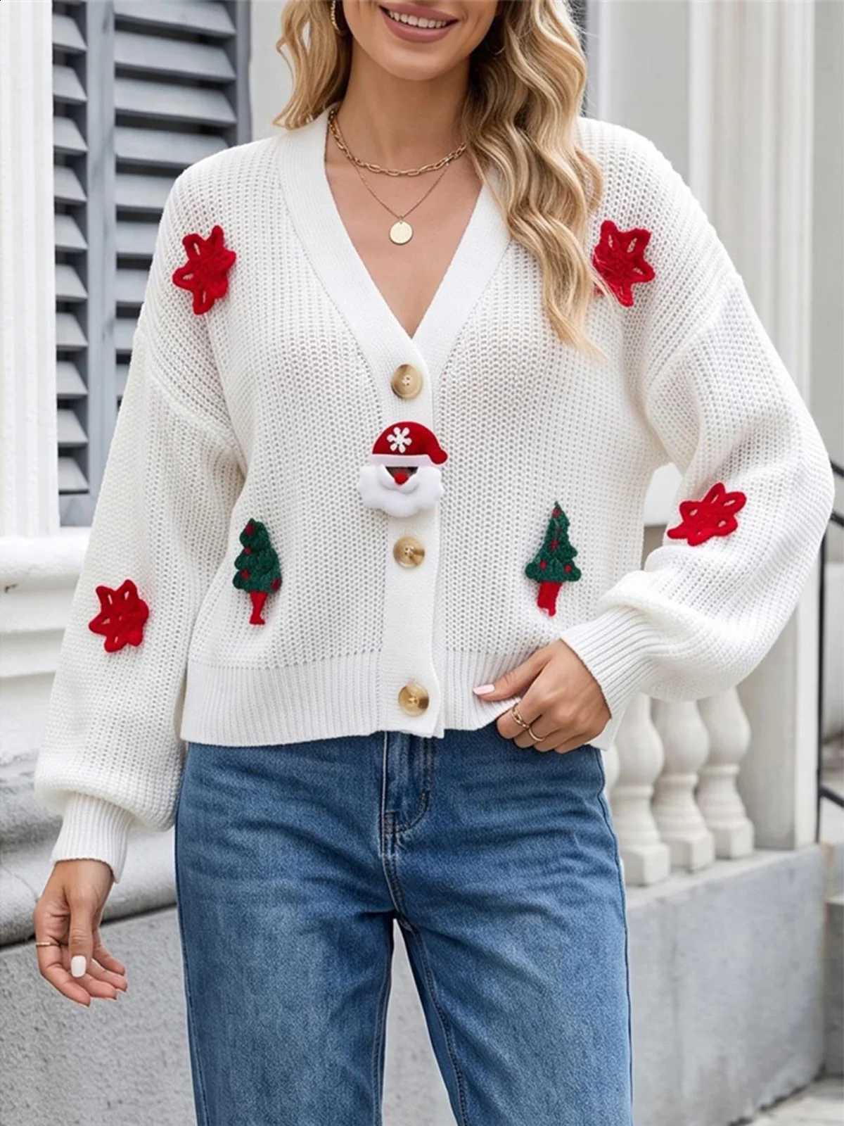 S - XL Christmas Printed V Neck 3D Accessories Sweater Women Loose Casual Cardigan Female Long-sleeved Tops Autumn Winter M186 X260916
