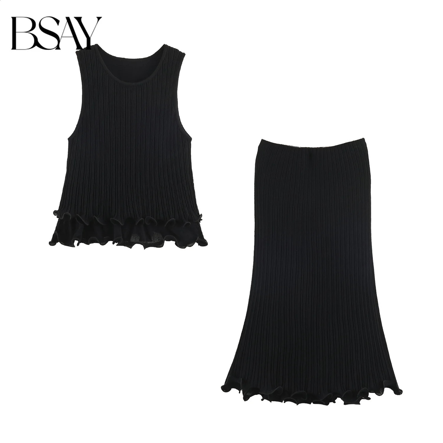 BSAY 2026 Summer Elegant Women Pleated Knit Matching Outfit Sleeveless Ruffle Hem Tank Top High Waist Flowy Mermaid Midi Skirt 260916