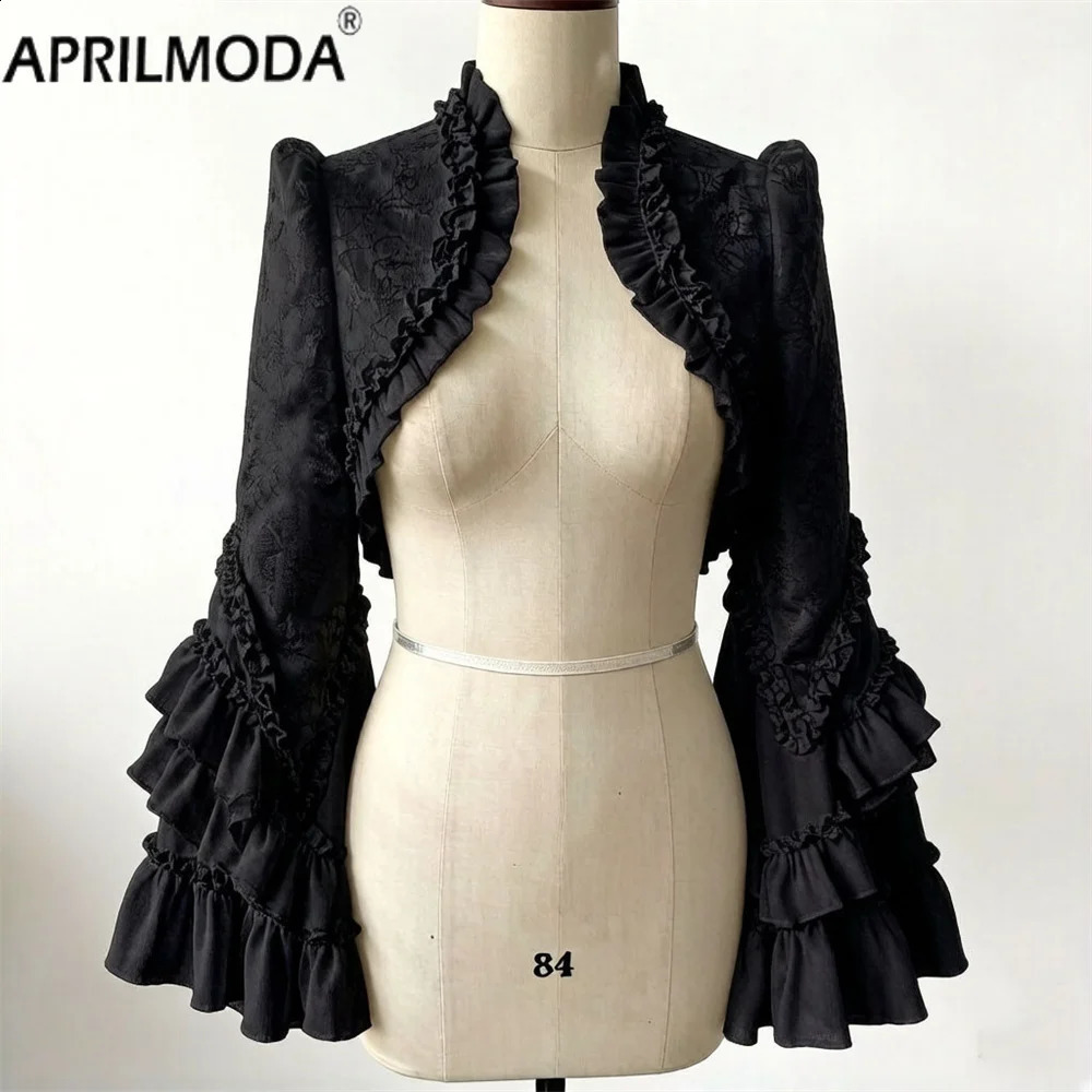 Lolita Japanese Ruffle Cosplay Vintage Shrug Party Bolero Coat Hollowed Out Back Lace Black White Gothic Steampunk Crop Jackets 260917