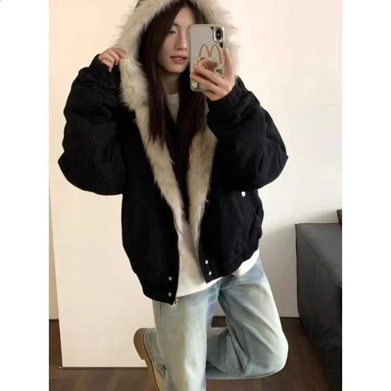 Fur Y2k Faux American Retro Collar Hooded Jacket Men And Women Casual Jacket 2026 Autumn And Winter Solid Zipper Streetwear W260915