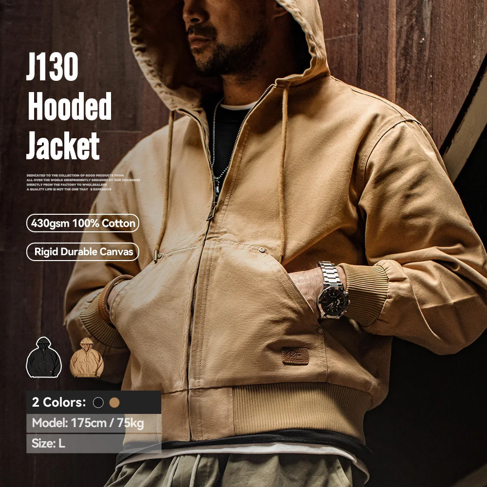Maden Vintage J130 Heavyweight Hooded Jacket Canvas Classic Short Zip Front Solid Color Outerwear for Men Autumn Streetwear Coat 260916