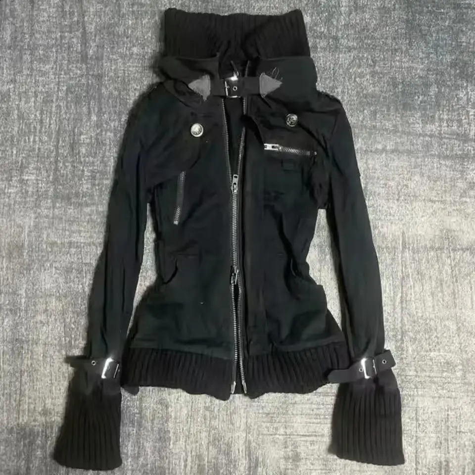 Y2K Gothic Black Slim Double Zipper Hoodie Womens American Retro Fashion Oversized Cuffs Casual Motorcycle Jacket 260917