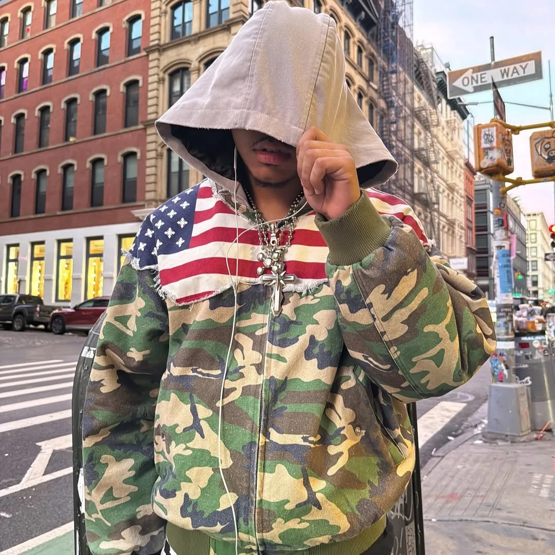 Y2K American Fashion Hoodie Retro Camouflage Splicing American Flag Casual Hoodie Hip Hop Mens and Womens Sportswear 260916