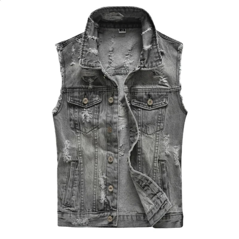 Spring Autumn Vintage n Mens Denim Vest Male Retor Denim Sleeveless Jackets Men Ripped Hole Jean Waistcoats Clothing 260917