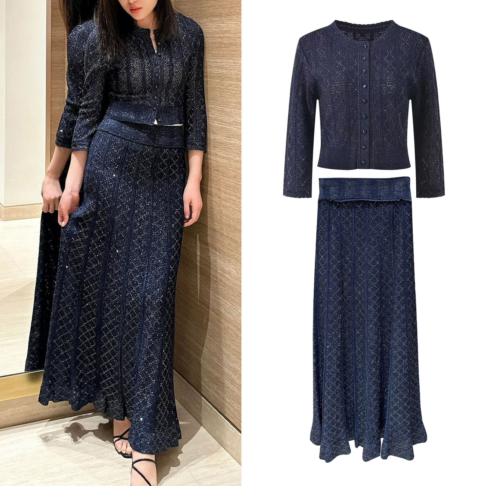 sandro women dress 2026 french style long sleeve pointelle hollow out knitted cardigan long skirt two piece set luxury