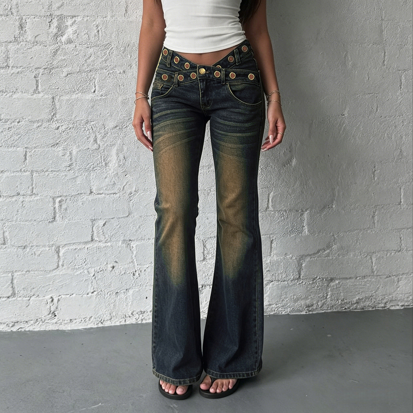 American retro street style casual fashion washed denim jeans Y2K sexy hot girl eyelet cutout V-waist flared pants 07