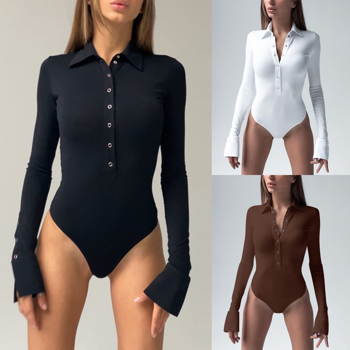cross-border long-sleeved fitted bodysuit with a polo collar, single-breasted design, solid color, slit detail, slightly flared sleeves, suitable fo