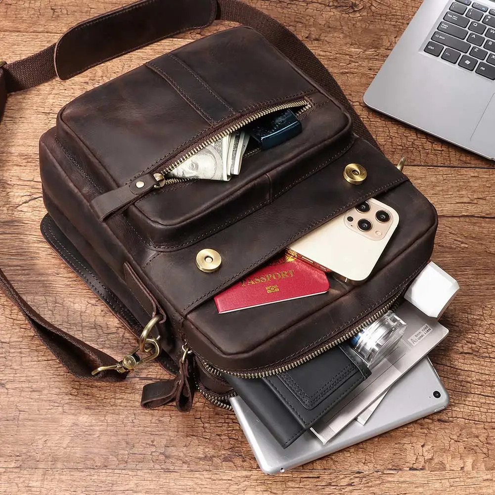 HUMERPAUL Men's Shoulder Bag Full Grain Leather Vintage Crossbody Bags for Work High Quality Cowhide Male Messenger Handbag 260917