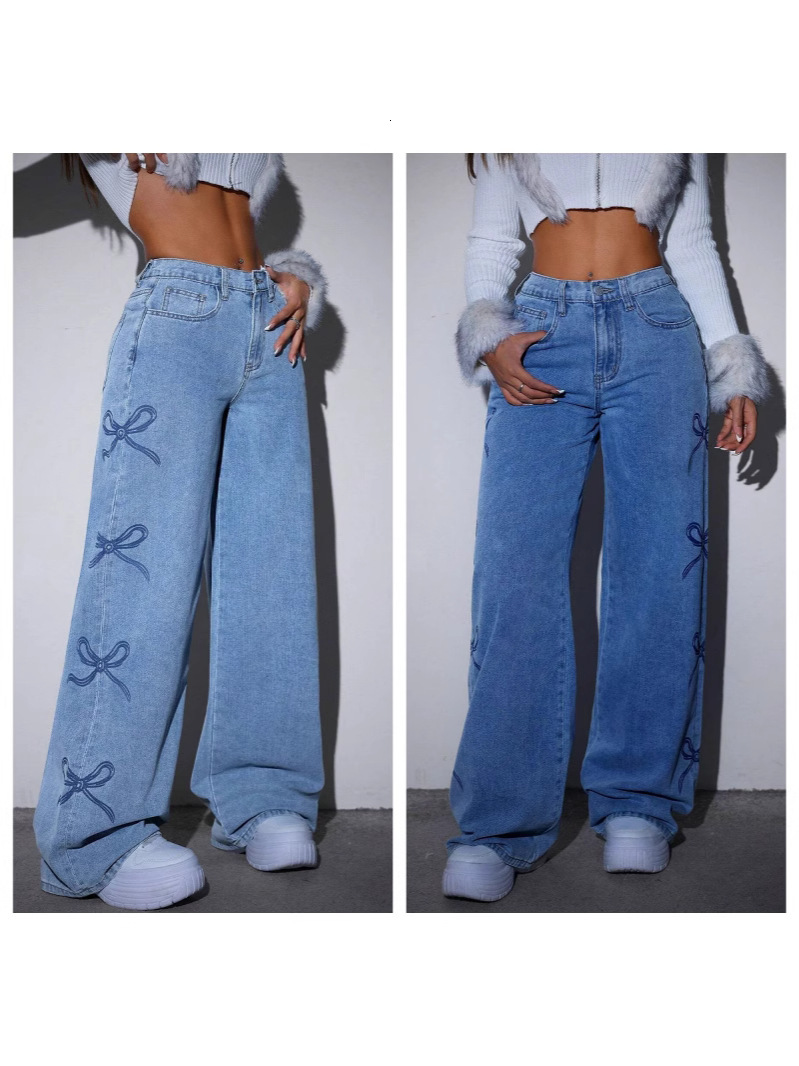 Cross-border e-commerce, bestseller: printed, washed, high-waisted, butterfly-design, straight-leg, wide-leg jeans 30