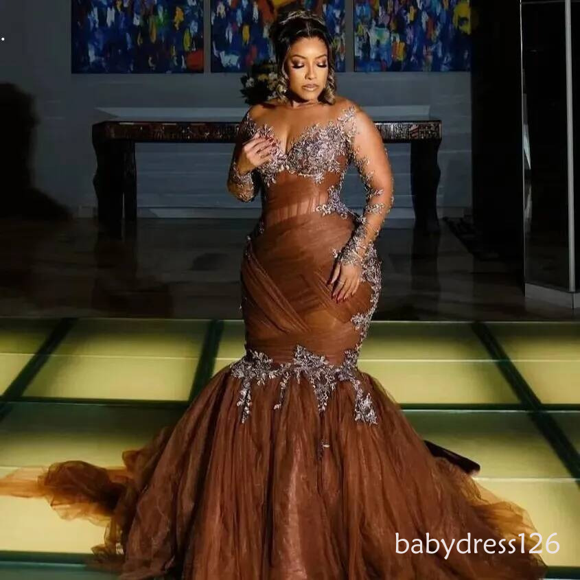 2026 Plus Size Chocolate Illusion Mermaid Evening Dresses Special Occasions Lace Tulle Prom Party Birthday Gowns Dress For Women Vestidos de novia 1
