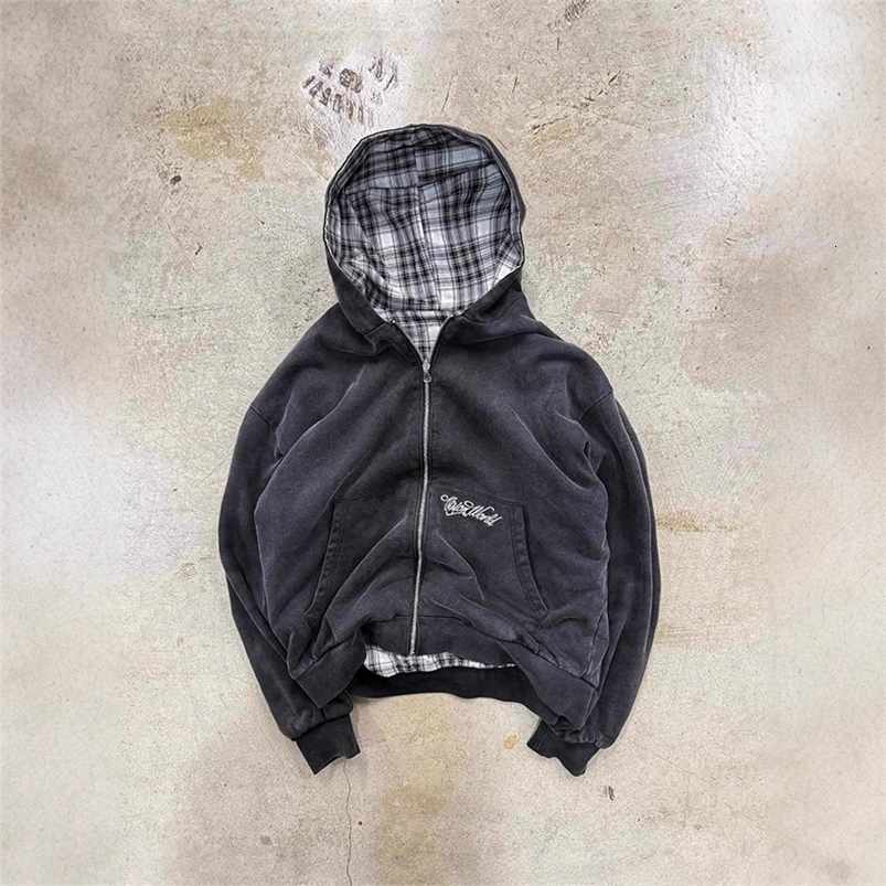 American Retro Reversible Plaid Zipper Hoodie Sweatshirt Mens Womens Casual Plaid Sweatshirt Solid Color Lining Y2K Street Style 260916