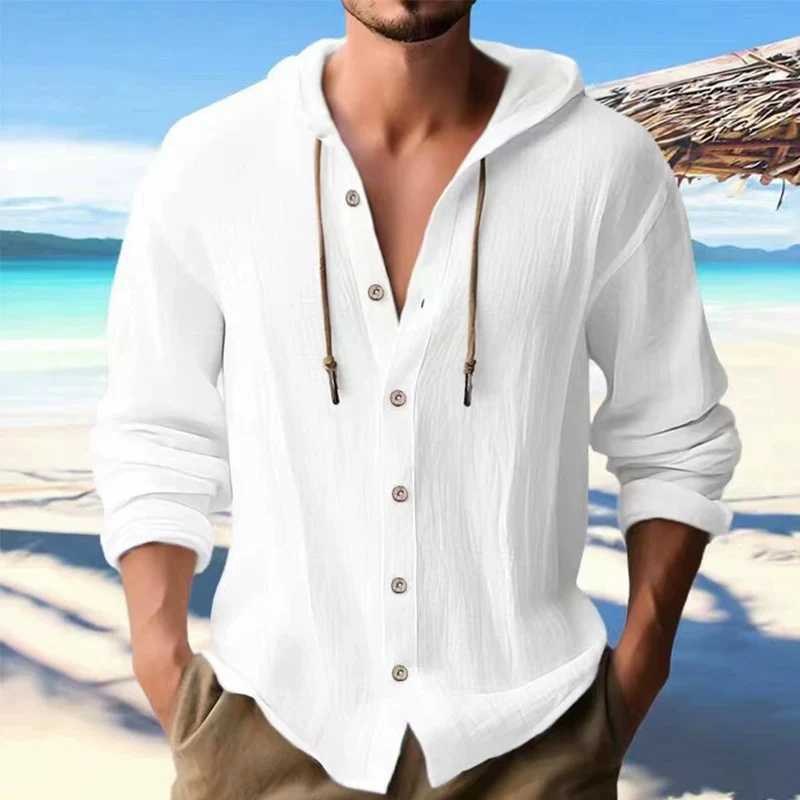 Men's Solid Linen Long Sve Hooded Shirt Casual Streetwear Button Top Loose Fit Cardigan Clothing for Men Q260917