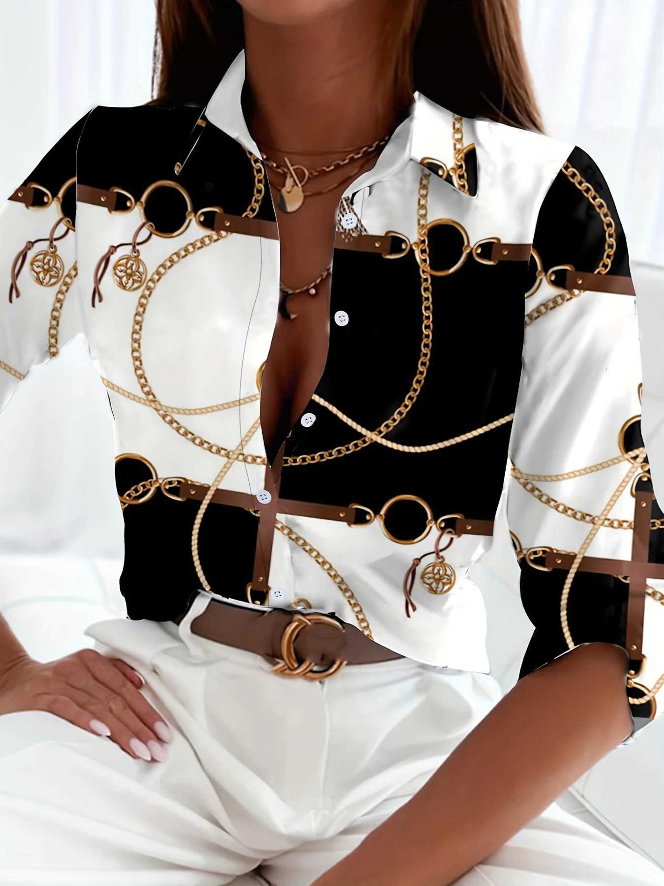 Elegant Ladies Fashion Blouse 2023 Spring Autumn Digital Chain Shirt Commuter Slim Office Women's Blouse S-5Xl Q260917