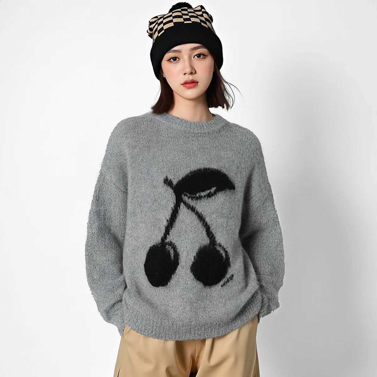 Graphic 2025 New Cherry Jacquard Knitted Sweater Crew Neck Long Sleeve Pullover Autumn/Winter Women Knitwear Outerwear J260916