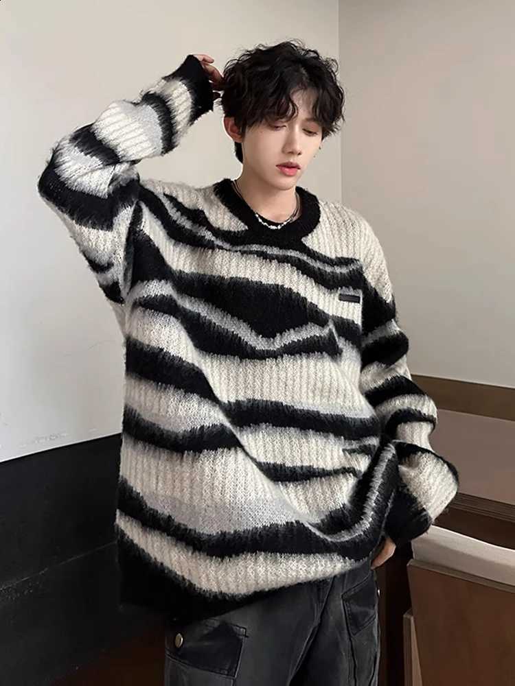 Black White Color Block Men's Stripe Cashmere Sweater Autumn American Retro Style Couple Knitted Coat Loose Fit Comfortable J260916