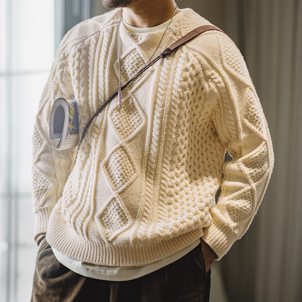 Maden Men's Retro Aran Autumn and Winter Thickened Knitwear Beige Round-neck Woven Sweater Versatile Leisure Pullover J260917