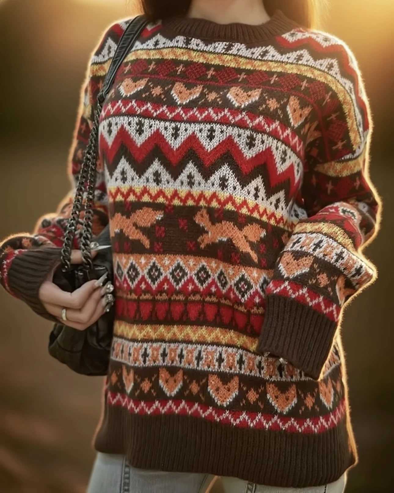 Christman-themed autumn and New winter cute animal pattern jacquard round-neck pullover sweater for women J260916