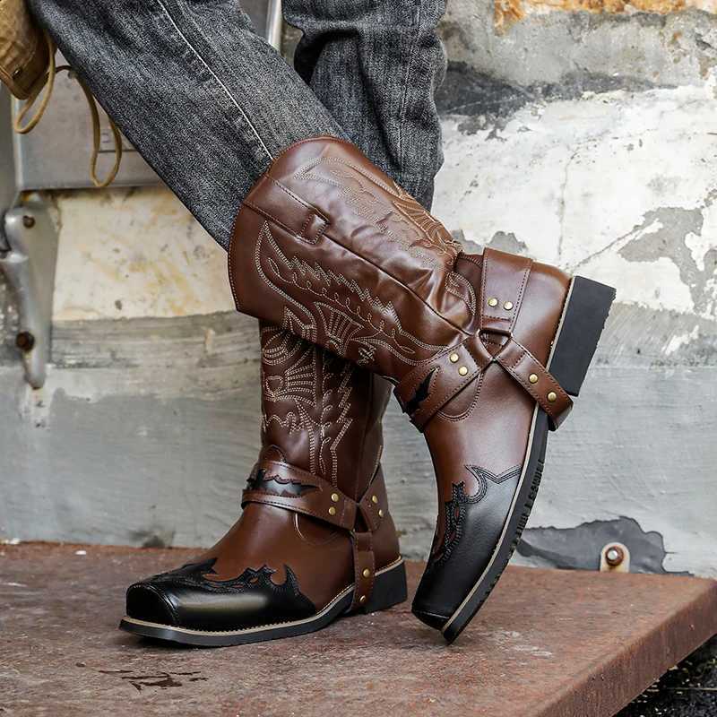 Men High Top Western Boots with Color Blocking Handmade Embroidery fa1able Square Toe Knight Boots D2609171