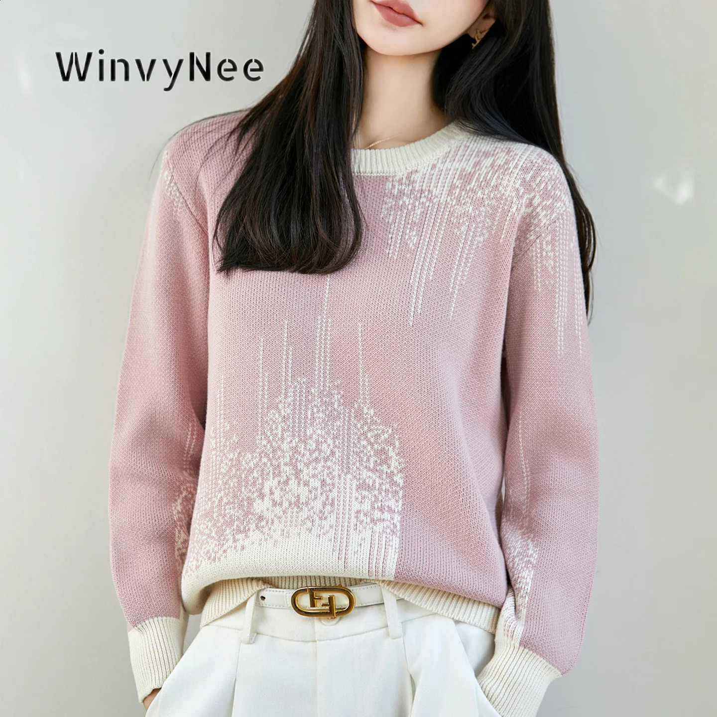 WinvyNee Women Pure Cotton Jacquard Dot Crew Neck Knit Pullover Casual Loose Sweater Fashion Outfits Spring Autumn ZA1092045 260916