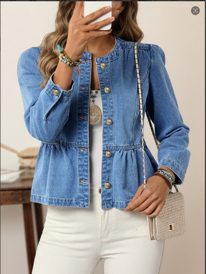 2026 Autumn New Solid Color Denim Shirt Women's European and American Casual Versatile Pullover Round Neck Puff Sleeve Top 2c