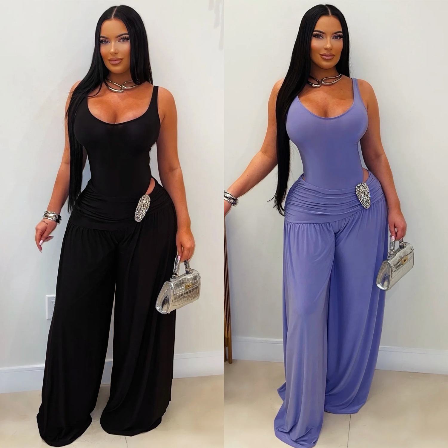 Designer 2026 new women's solid color U-neck high-waisted slim-fit wide-leg pants sexy casual jumpsuit