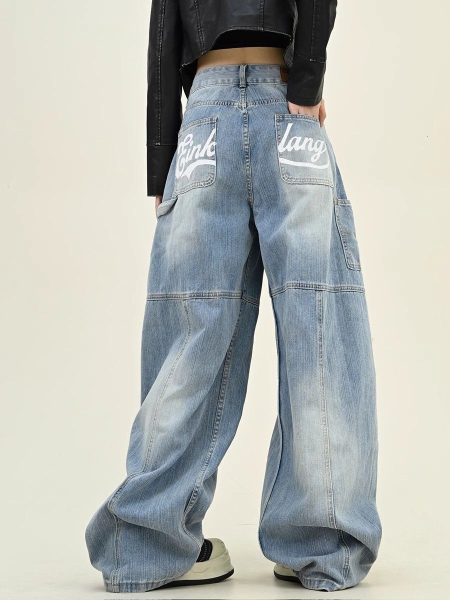 Washed letter print curved-leg jeans for women, new loose-fit boyfriend style, American retro high-street wide-leg floor-length casual pants e2