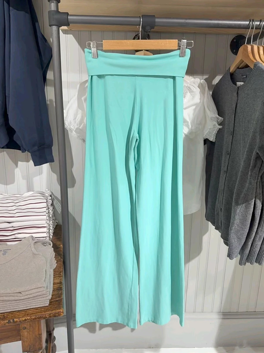 Mint Green Foldover Straight Pants Women Summer Low Waist Cotton Trousers Casual Sweet Girl Preppy Style Sport Yoga 260917