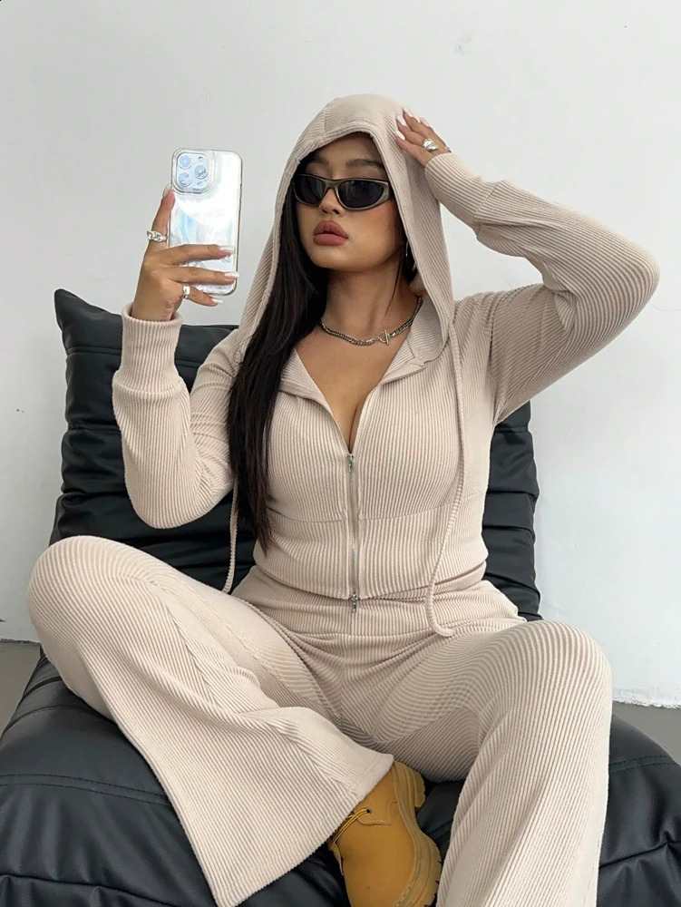 Plus Size Spring Simple Long Sleeve Hooded Top Slim Micro Pants Casual Two Piece Set Casual Commuter 260916