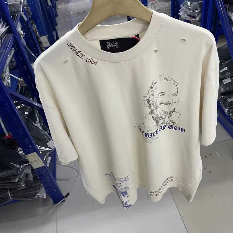 High Quality Rhinestone Paly T-shirt Loose Casual Ripped Graffiti Print Tops Breathable Cotton Apricot Short Sleeve Tee X260916
