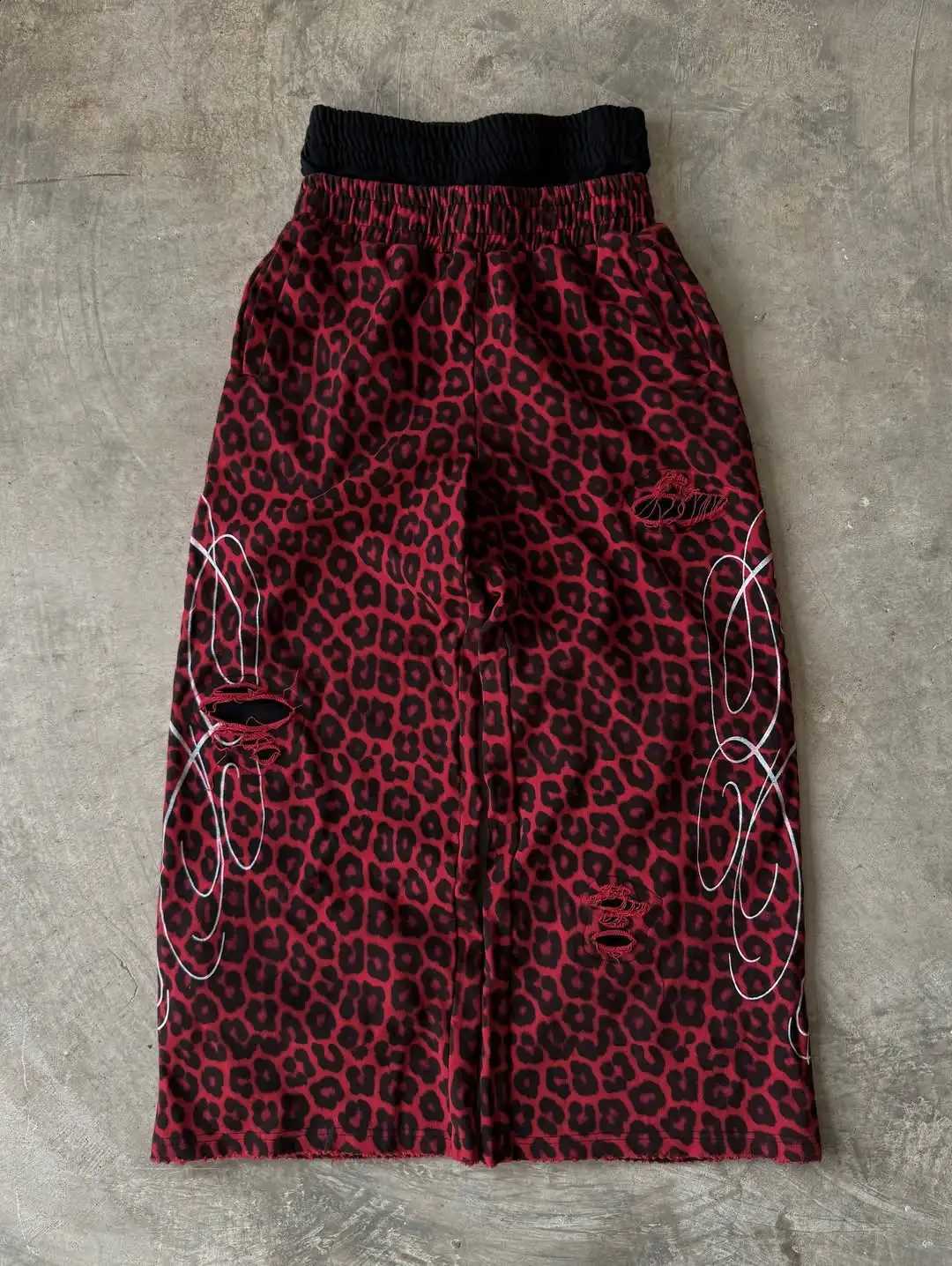 Ripped Double Waist Personalized Leopard Print Hip Hop Print Trousers Y2k Harajuku Men And Women High Street Casual Jogger PantsT260917