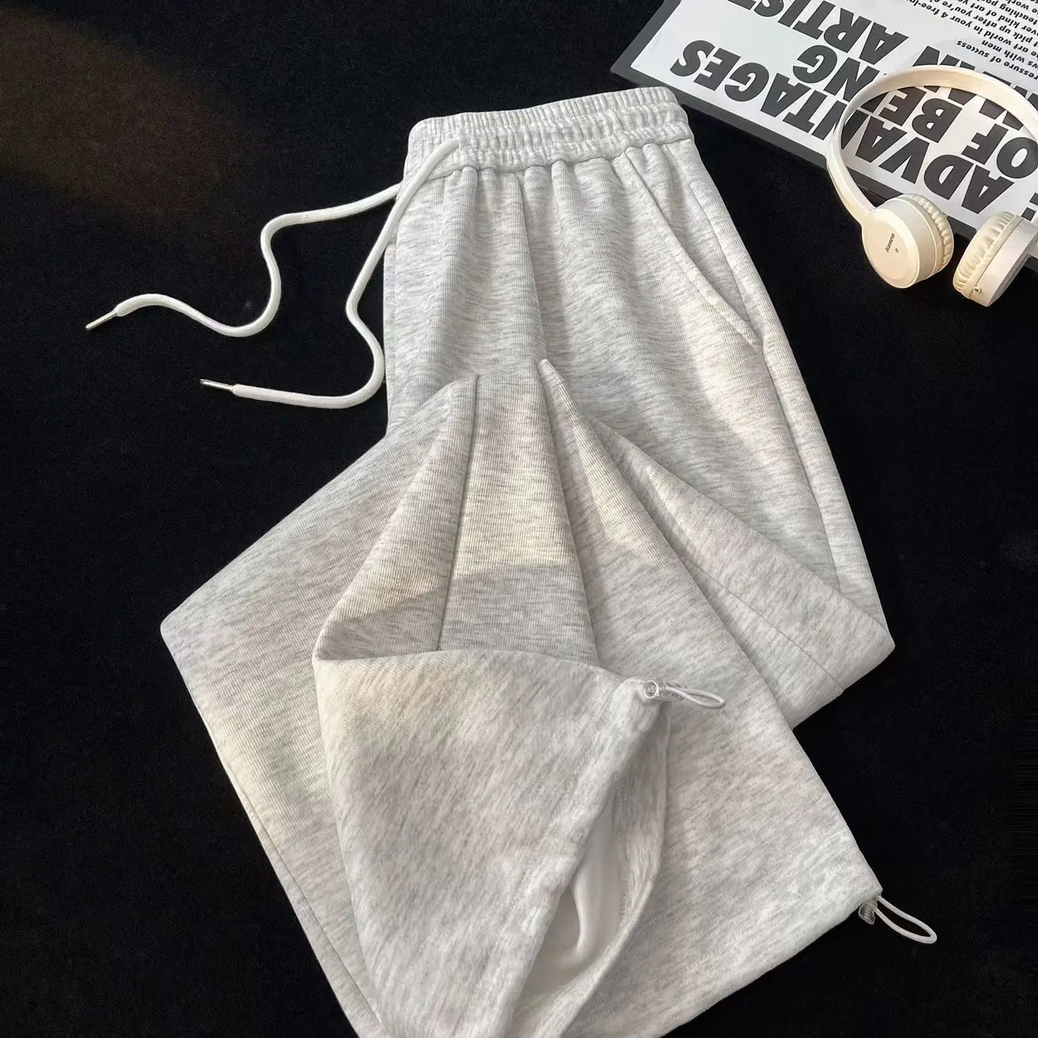 Retro Fashion Loose Straight Leg Casual Pants Harajuku Street Wear Women Baggy Pants High-Waisted Drawstring Solid Sports Pants 260917