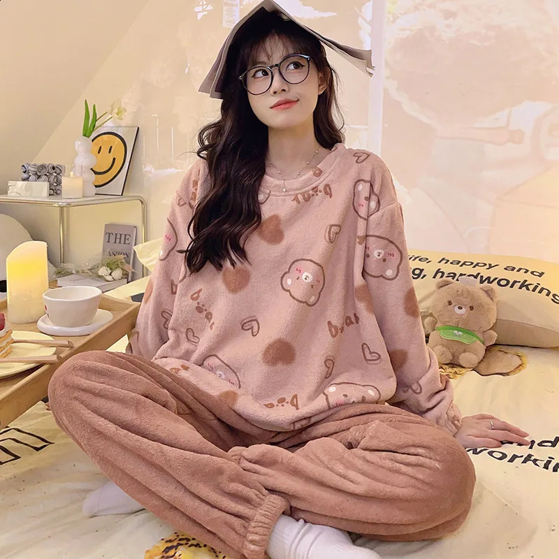 Flannel Warm Pyjamas Set for Women's Padded Plus Size Student Nightwear Ladies Sweet Breathable Crew Neck Sleepwear Loungewear 260917