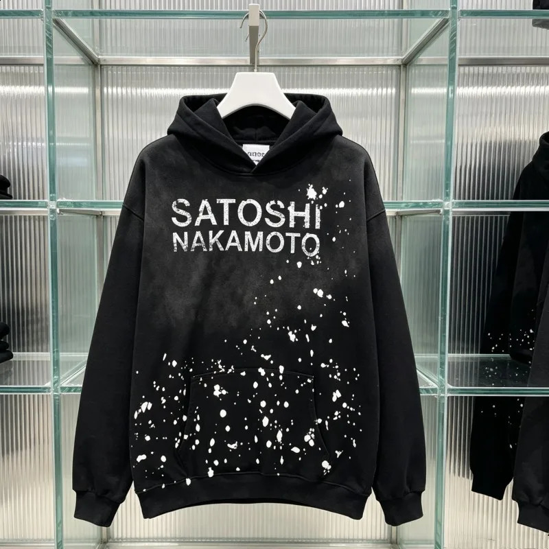 2XL Vintage Washed SATOSHI Hoodie Splash Ink Fading LettersBlack Terry Hood Sweatshirt Men Women Hiphop Street Oversize Outfit 260917
