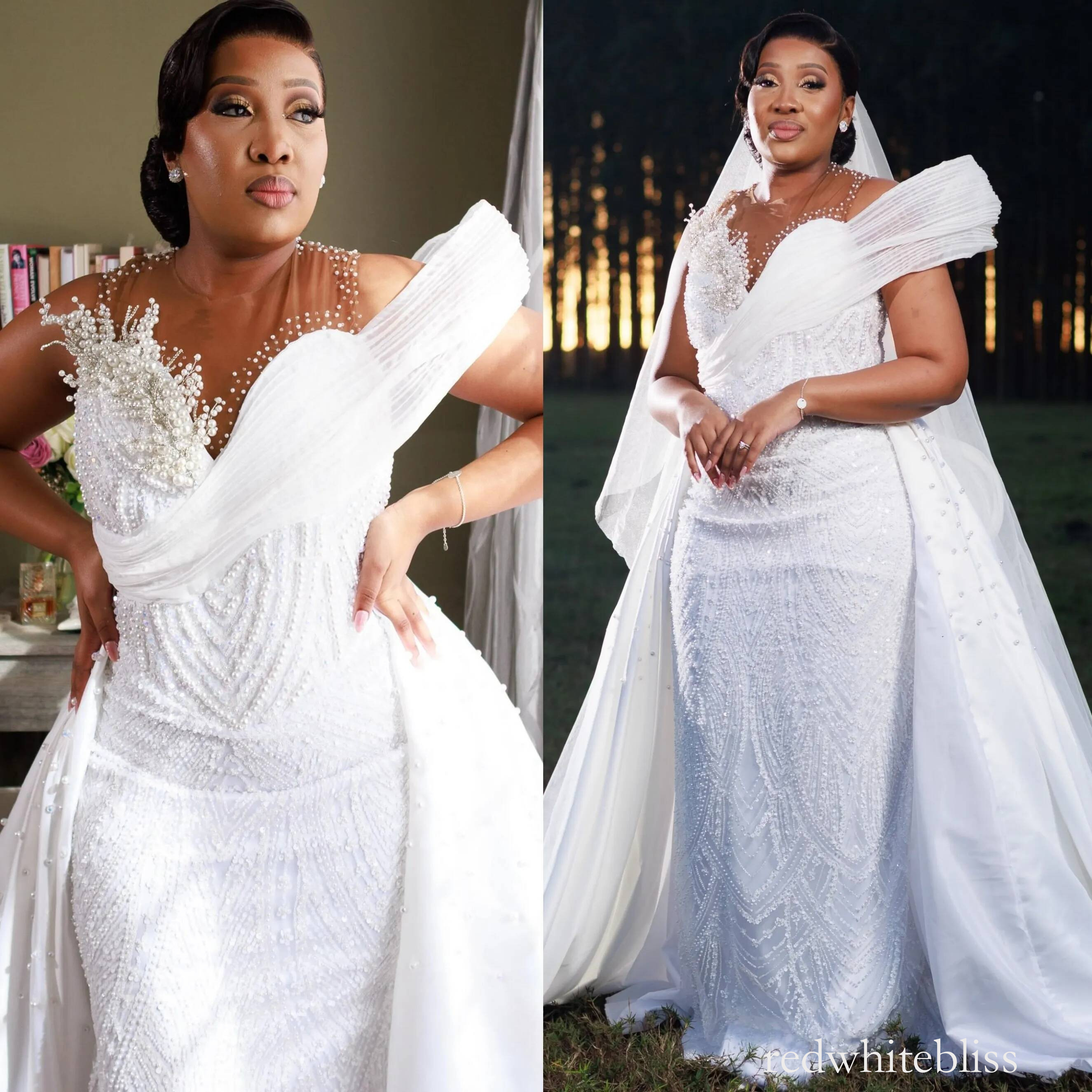 Plus Size African Mermaid Wedding Dresses Sheer Neck Pearls Beaded Detachable Train Sequined Lace Bridal Gowns ASO EBI Luxury Robe de mariage