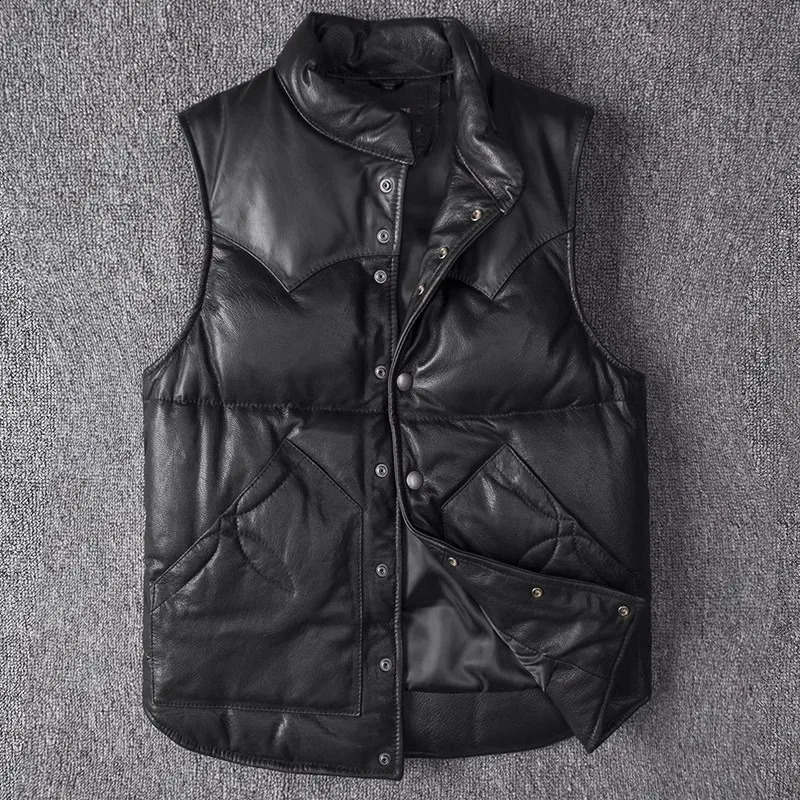 Men's Slim Fit Leather Jacket Sheepskin down Vest Thick Warm Short Flight Suit for Autumn And Winter 260916