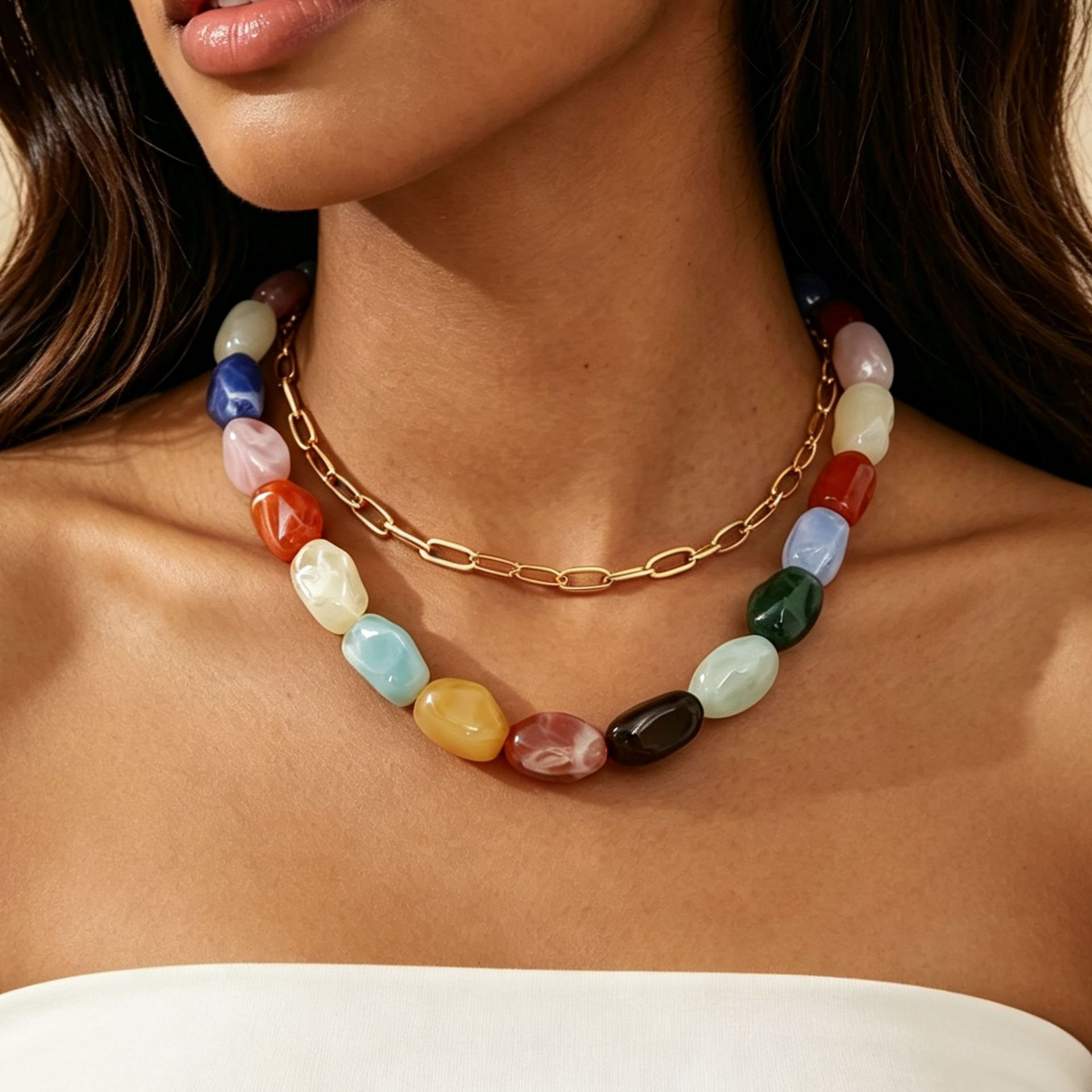 Cross-border European American summer dopamine resin beaded necklace, a uniquely designed, colorful, and handcrafted layered jewelry piece