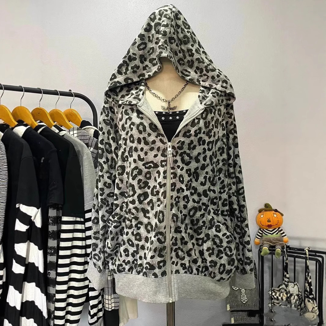 American Retro Hot Girl Foreign Trade Leopard Print Hooded Sweatshirt Vintage Women's Zipper Jacket Autumn Winter 39
