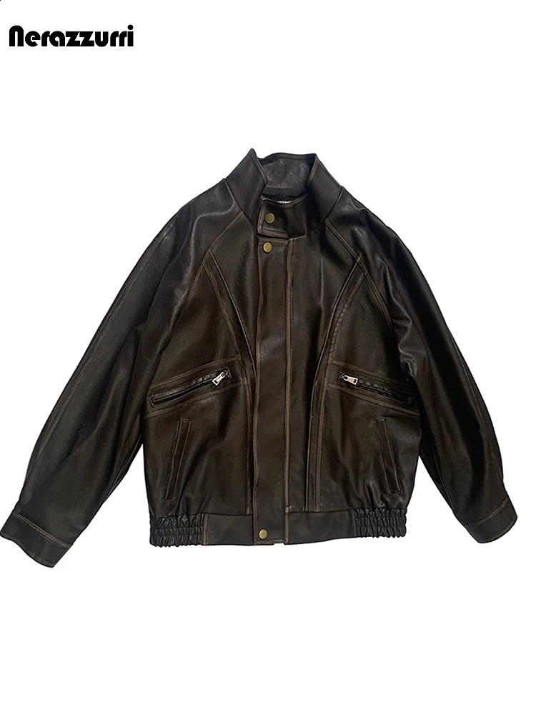 Nerazzurri Spring Autumn Distressed Washed Brown Oversized Pu Leather Racing Jacket Women Zippper y American Retro Clothes 260916
