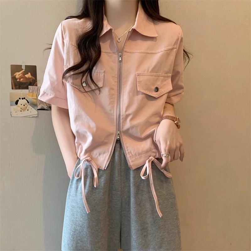 Short Regular Shoulder Workwear Top for Women, Spring New Plus Size, Slimming Design, Double Zipper Polo Shirt 54