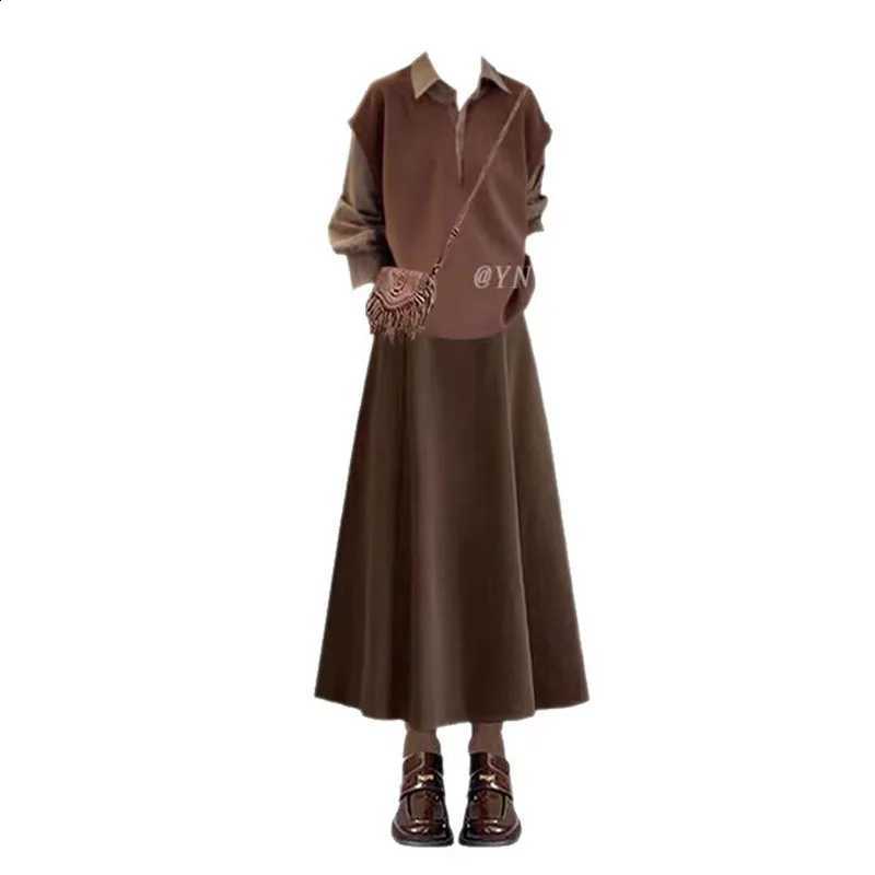 Contrasting Retro Maillard Collar Style Knitted Sweater for Women Winter Light Mature Style Half Skirt Set Dress SetsW260915