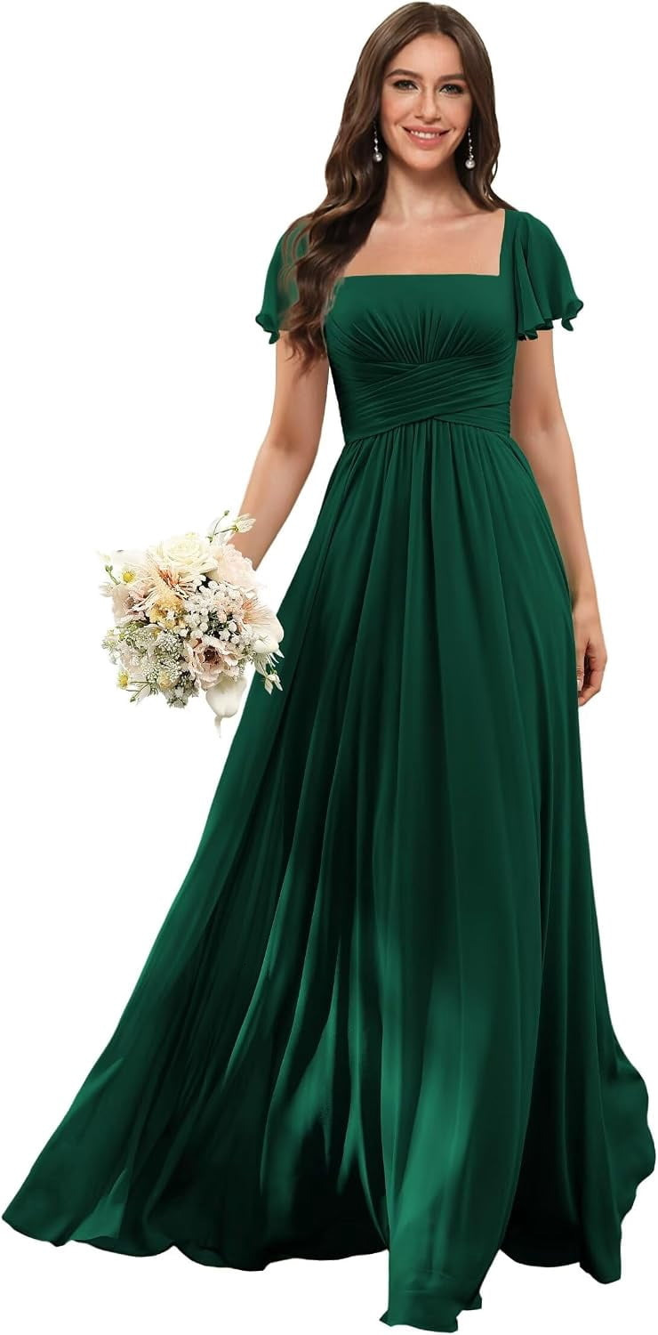 Luxdress Flutter Sleeves A Line Chiffon Bridesmaid Dresses Square Neck Maxi A Line Formal Dress with Pocket BM6025