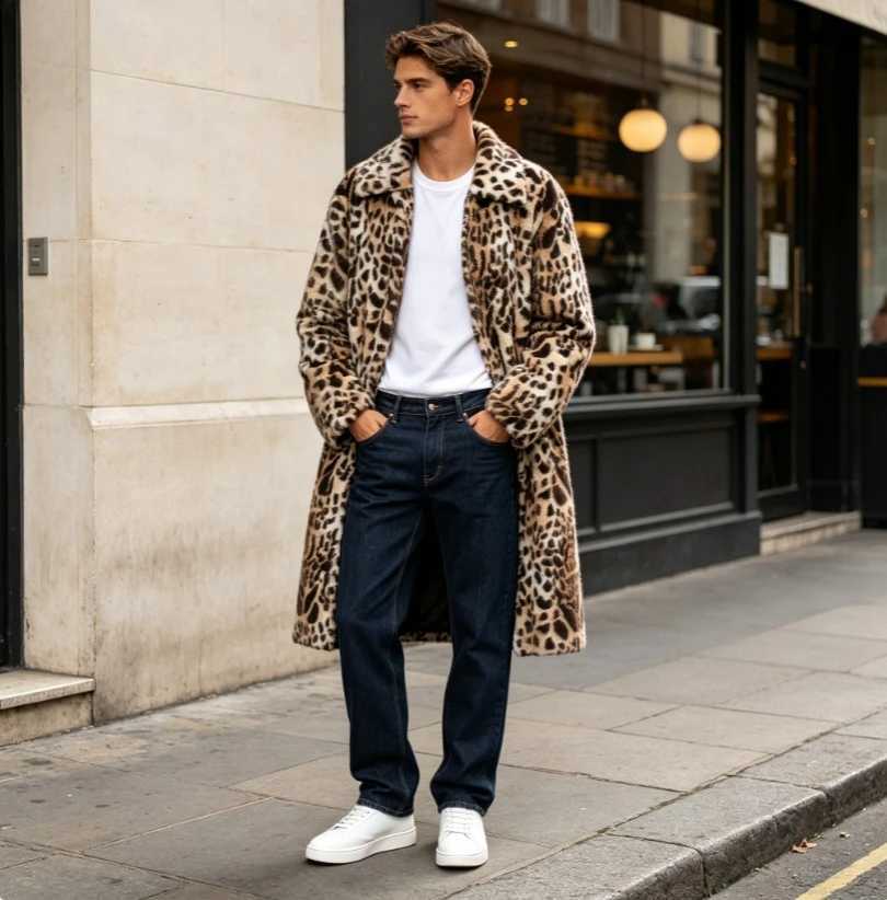 Leopard Men Faux Fur Coats Jackets Color Blocked Turn Down Collar Long Sleeve Single Breasted Straight Casual 2026 Autumn Winter W260915