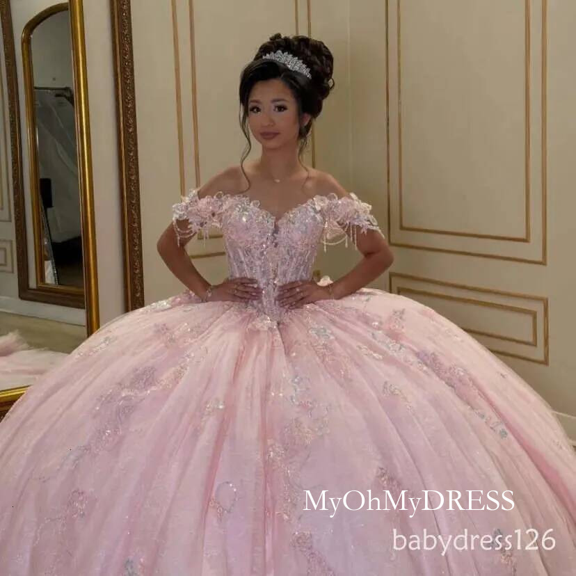 Pink Shiny Quinceanera Dresses Off The Shoulder Sequin Applique Lace Beads Bow Tull Party Birthday Sweet 16 Dress Vestidos 15 De N11 Y916