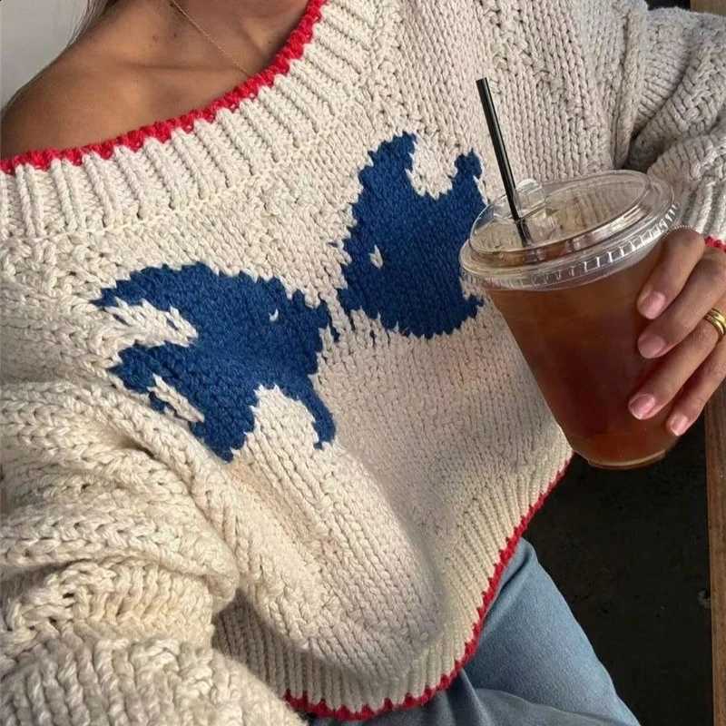 Sweaters Women Knitted Pullovers Color Blocked Jumper Jacquard Round Neck Long Sleeve Loose Casual Streetwear 2026 Autumn Winter J260916