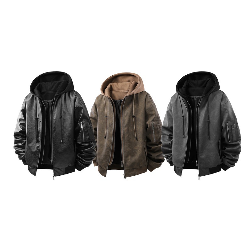 Men's Retro Faux Leather Two-Piece Jacket Loose Casual Winter Coat