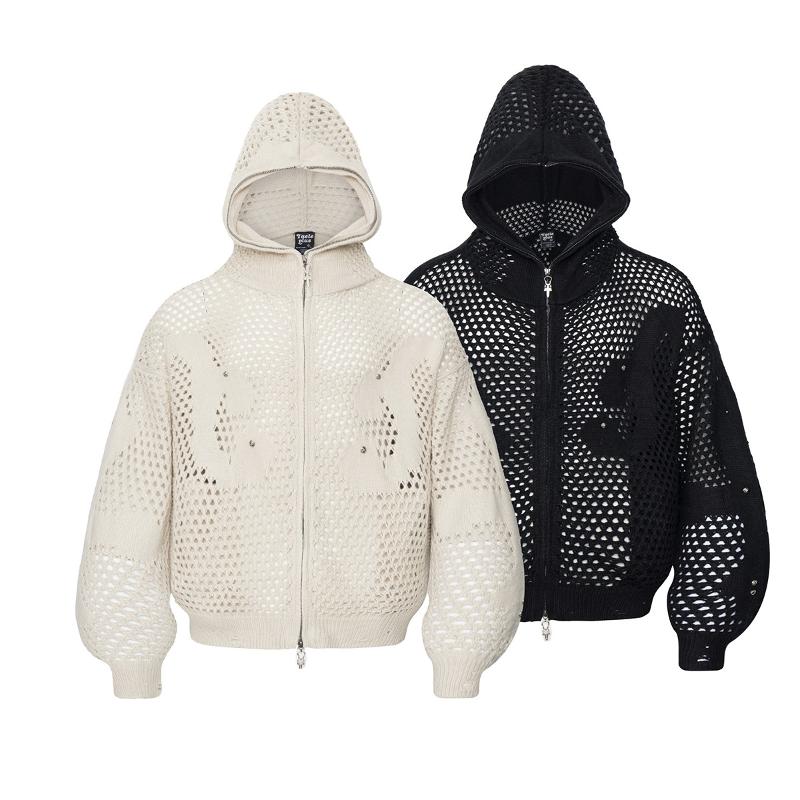 Style de créateur de haute qualité unisexe à capuche zippé tricot cardigan pull ajouré évider crochet à manches longues sombre streetwear décontr