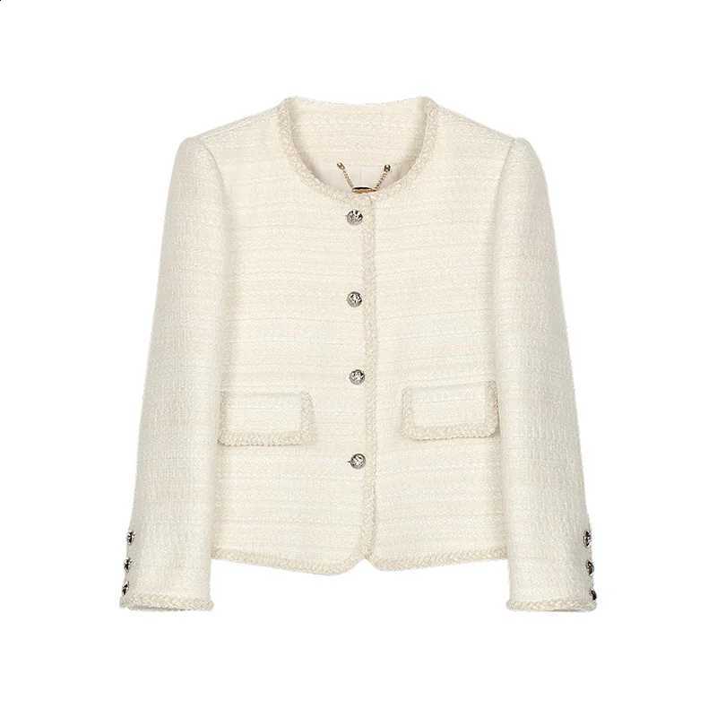 Quality Elegant High Round Neck Small Fragrance Coat Women Autumn Winter French Long-sleeved Tweed Woven Basic Office Lady Coat C260917