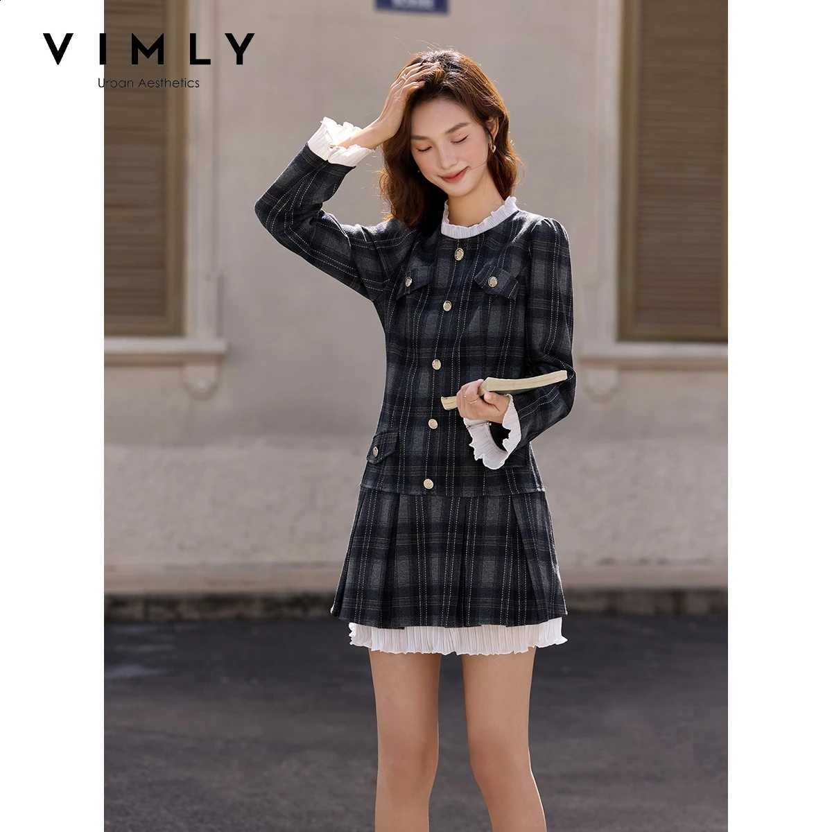 Vintage Blue VIMLY Plaid Short Dress for Women Autumn 2026 Spliced Ruffle Long Sleeve Dress Elegant Office Lady Clothing 30578 C260917