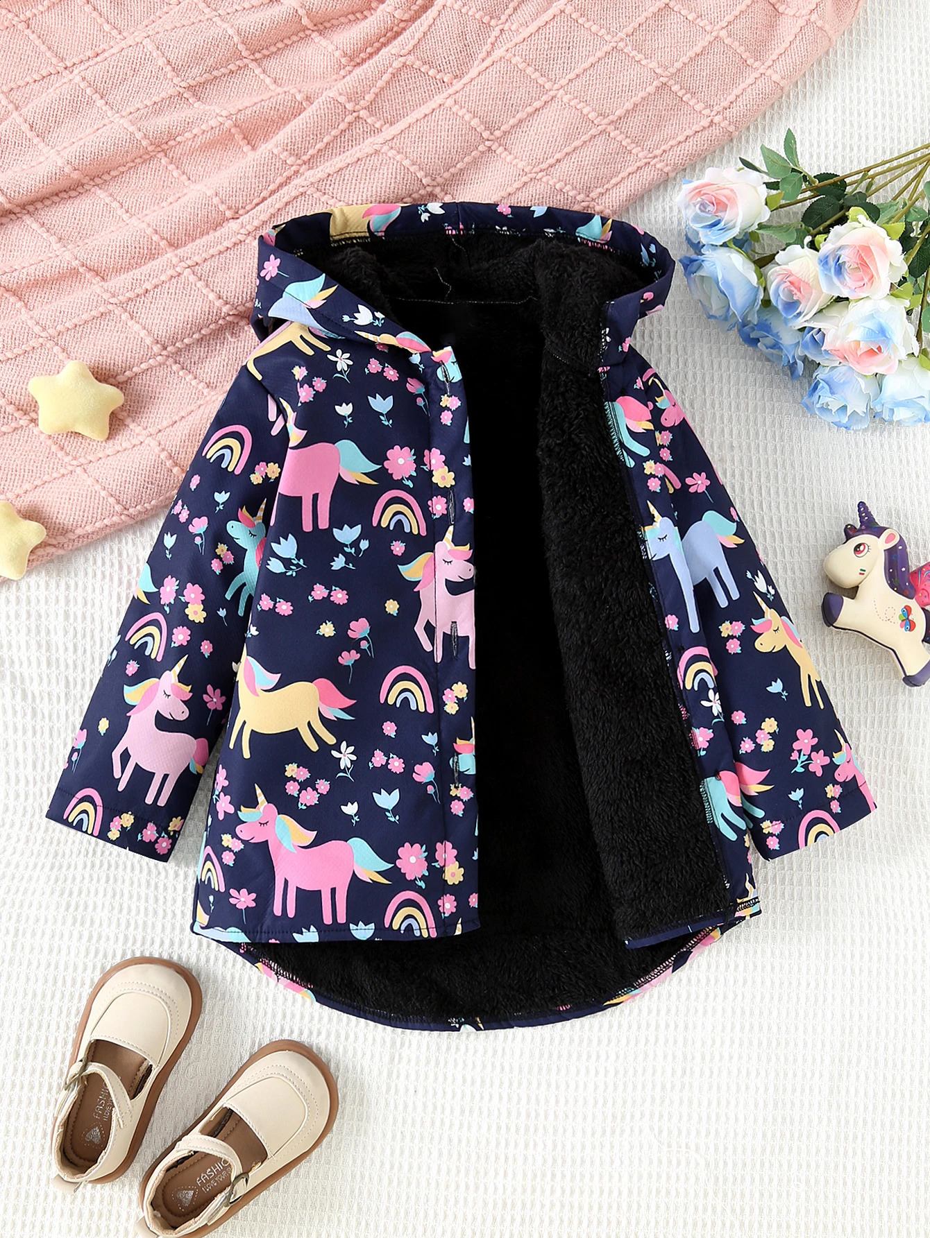 Autumn And Winter Girls' Unicorn Flower Printed Jacket With Plush Insulation Long Sleeved Casual Hooded Jacket260916