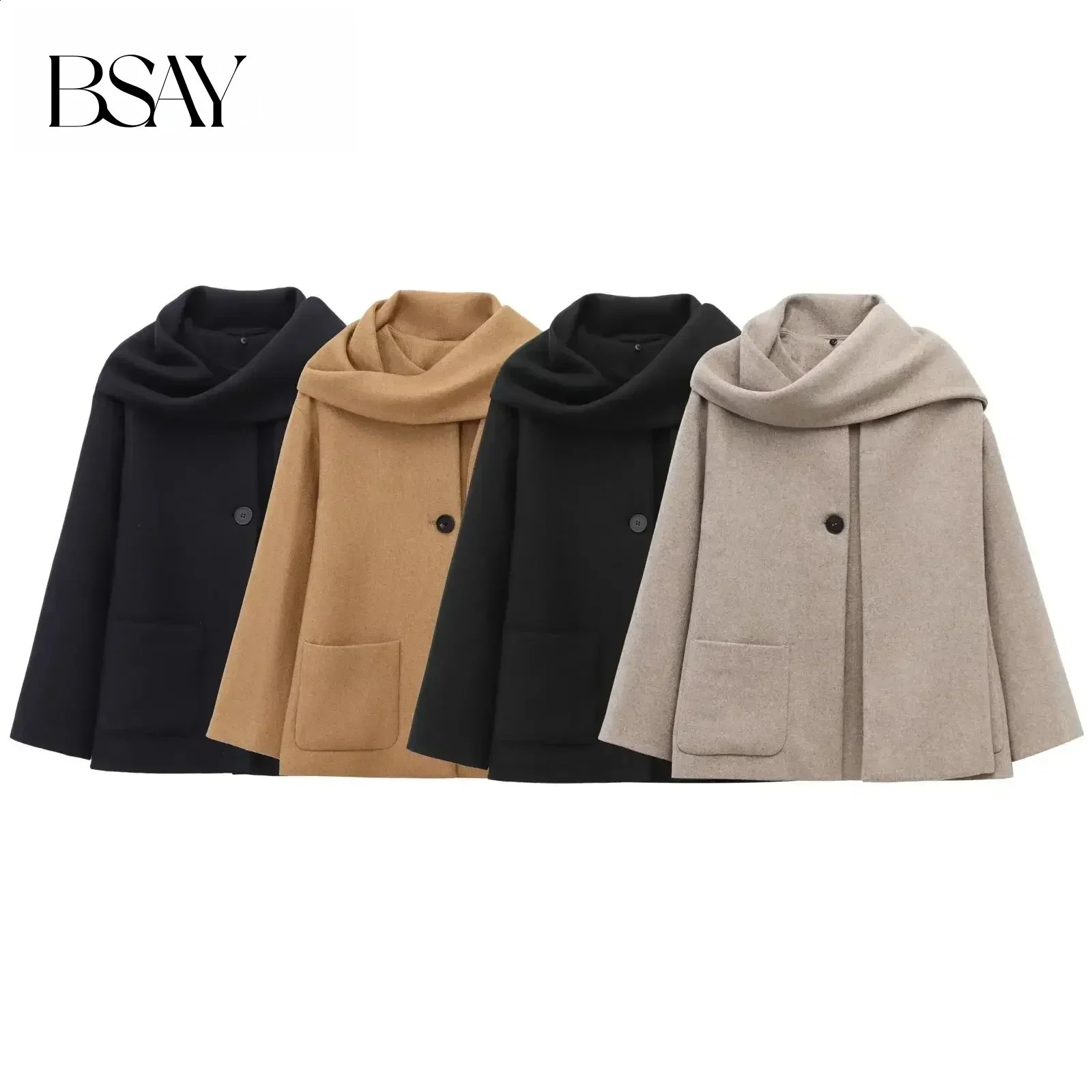 BSAY Blended Coat for Women Fashion Autumn Winter Scarf Round Neck Long Sleeved Single Button Coats Chic Ladies Tops Mujer 260917